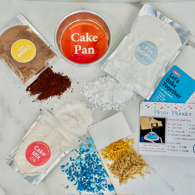 Kids' Cake Boxes cake baking kit for kids activities. Gluten free cake mix and regular cake mix. Premeasured cake ingredients. Easy baking kit. Pirate cake kit for kids