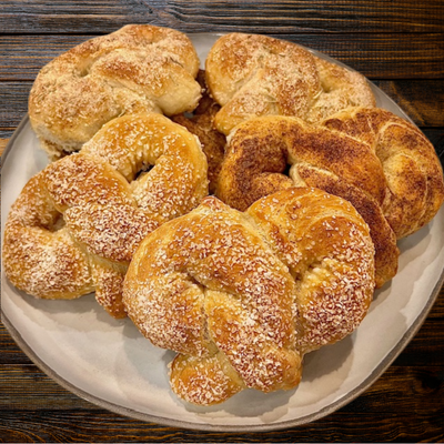 Soft pretzel kit from kids' cake boxes makes rosemary parmesan pretzels, cinnamon sugar pretzels, & salt pretzels