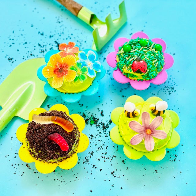 Kids' Cake Boxes cupcake-making kit Garden-theme cupcakes. Regular and gluten-free cake mix