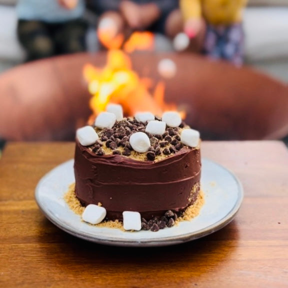 S'more themed cake baking kit, also comes as gluten free cake kit, Kids' Cake Boxes kit with gluten-free graham cracker crumbs, mini marshmallows, and vegan chocolate chips